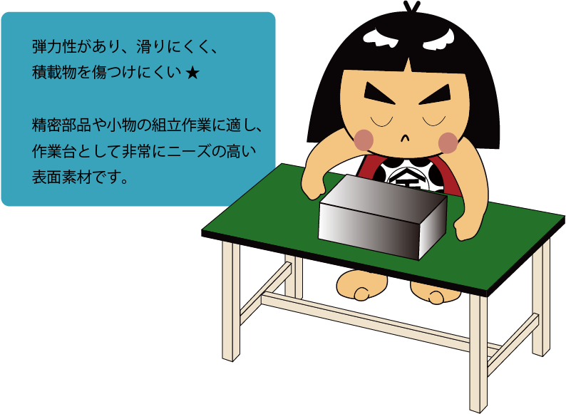 弾力性があり、滑りにくく、積載物を傷つけにくい素材で  精密部品や小物の組立作業に適し、  作業台として非常にニーズの高い表面素材です。