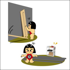 壁に立て掛けている木材が倒れているイラストと床に置いているパイプ材が動線の邪魔になっているイラスト