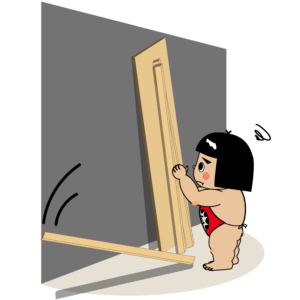 壁に立て掛けている木材が倒れているイラスト