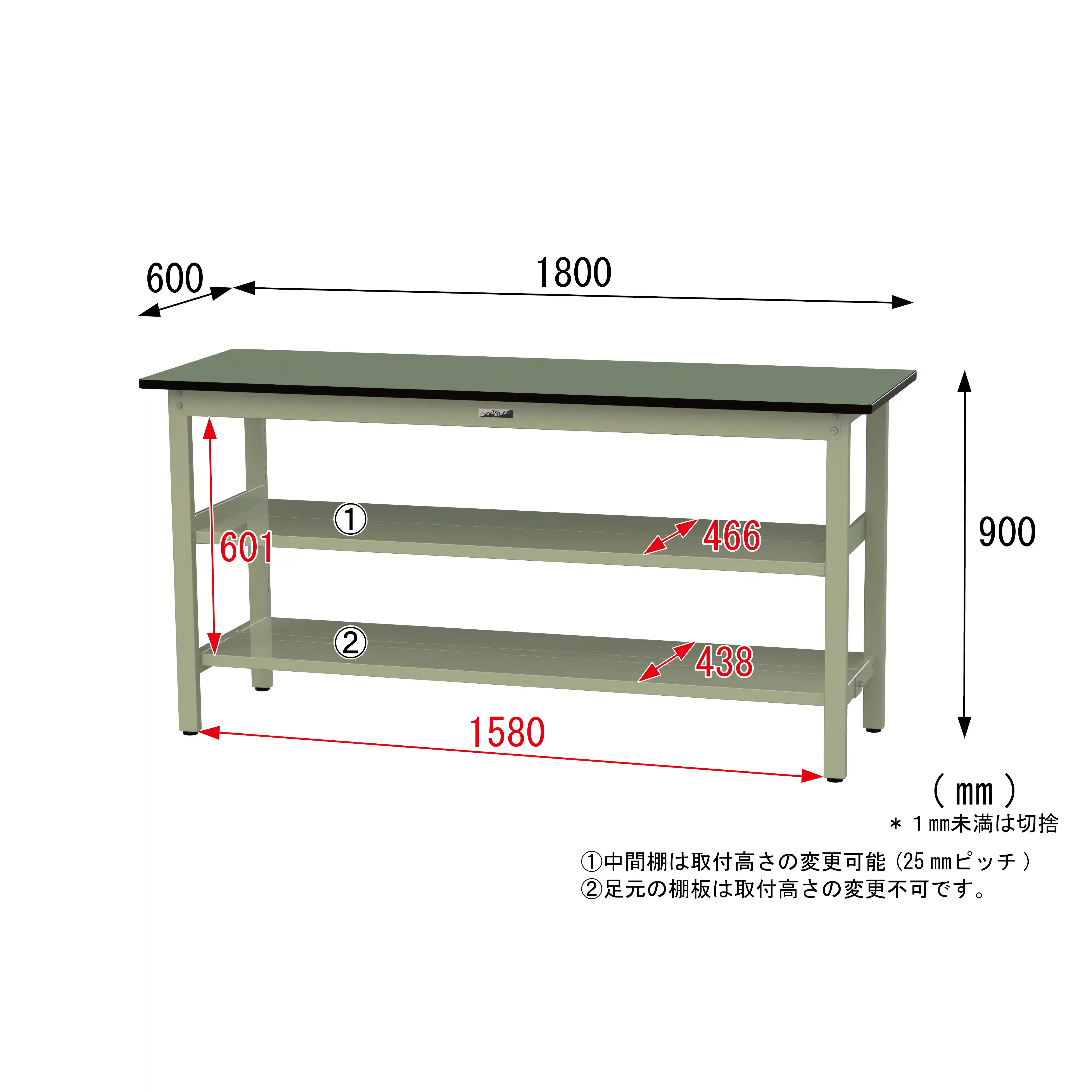 500シリーズ 固定式 中間棚付 H900mm(上下段全面棚板)