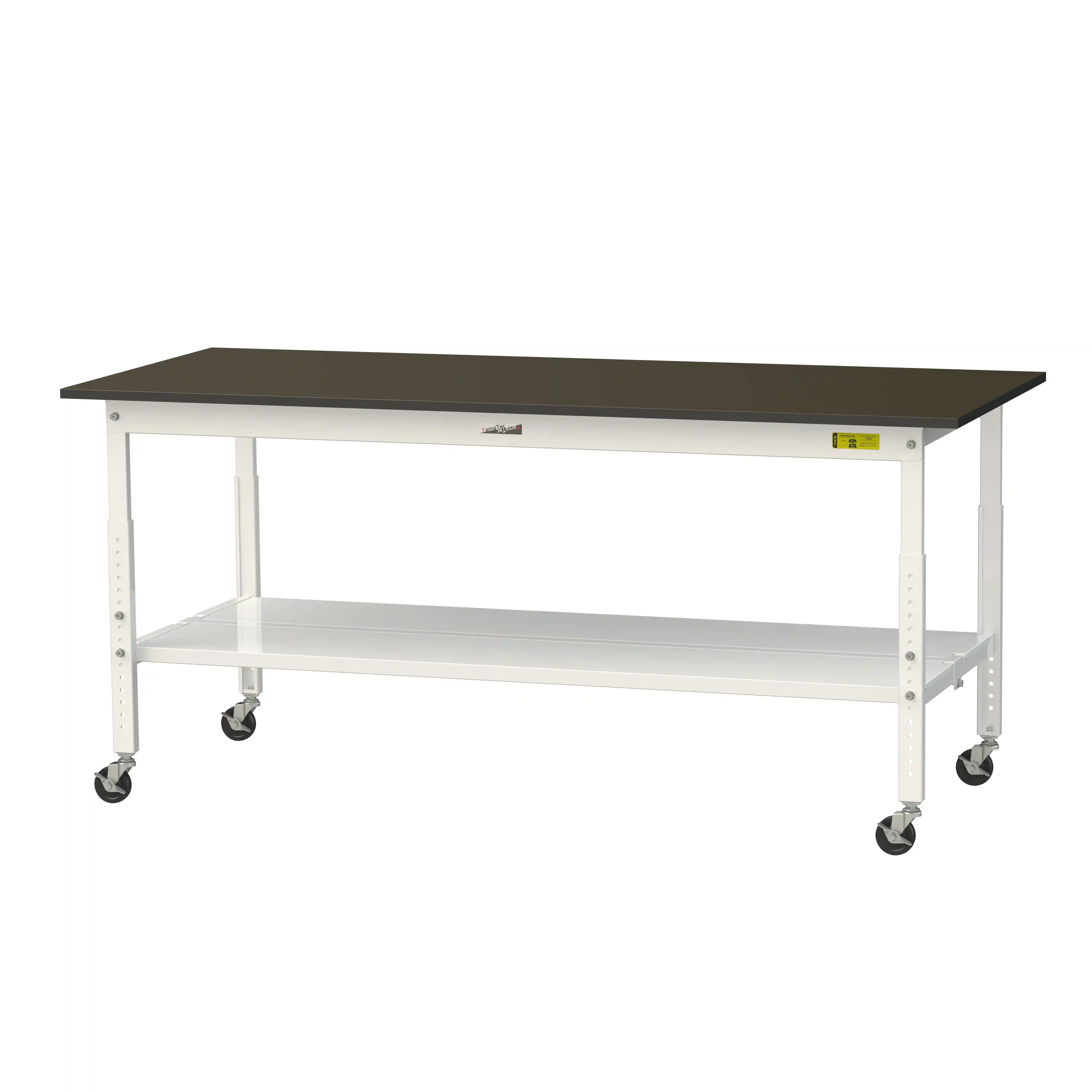 実験用ラボテーブル 高さ調整タイプ移動式 H685mm～H985mm（全面棚板付）