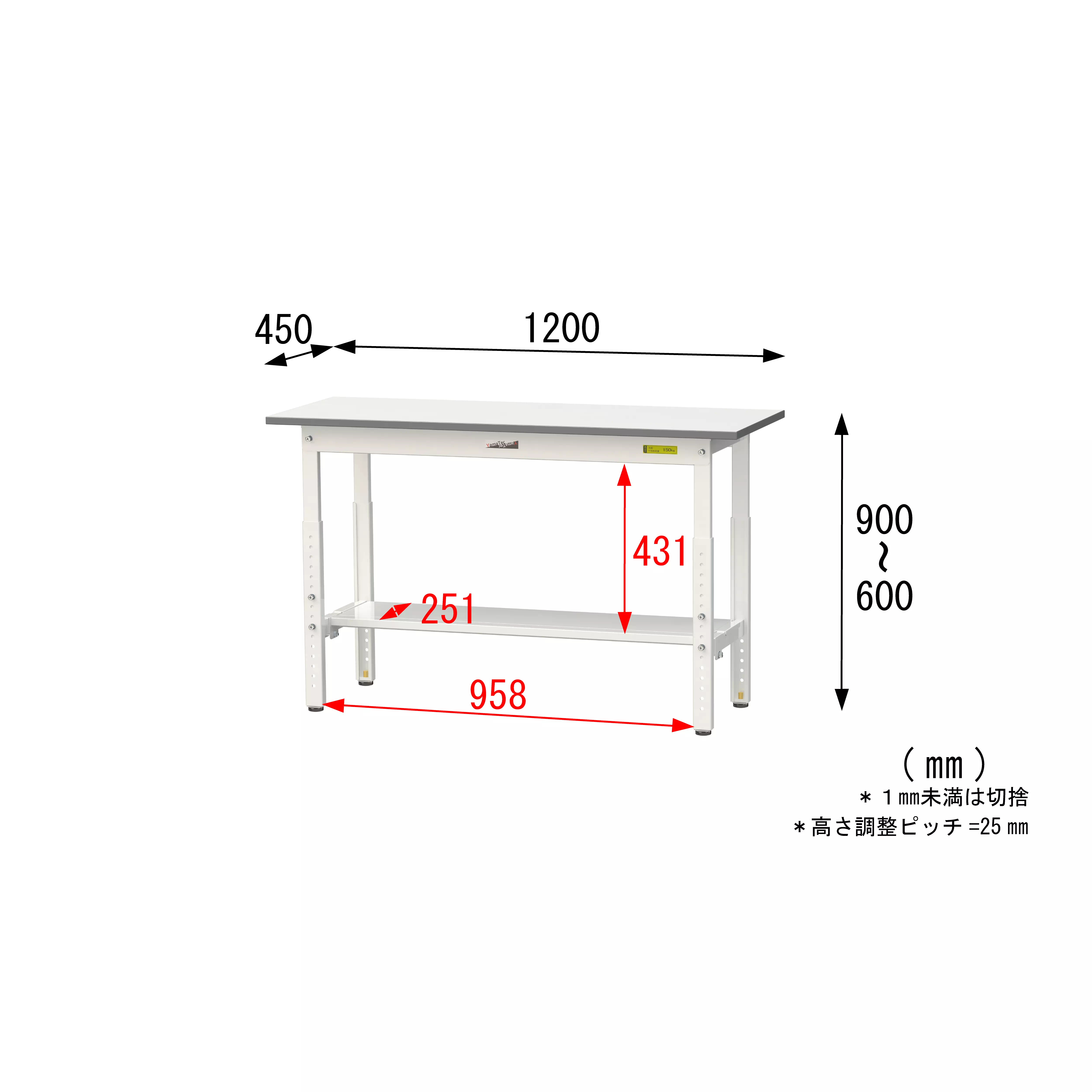 150シリーズ 高さ調整タイプ H600mm〜H900mm（半面棚板付）