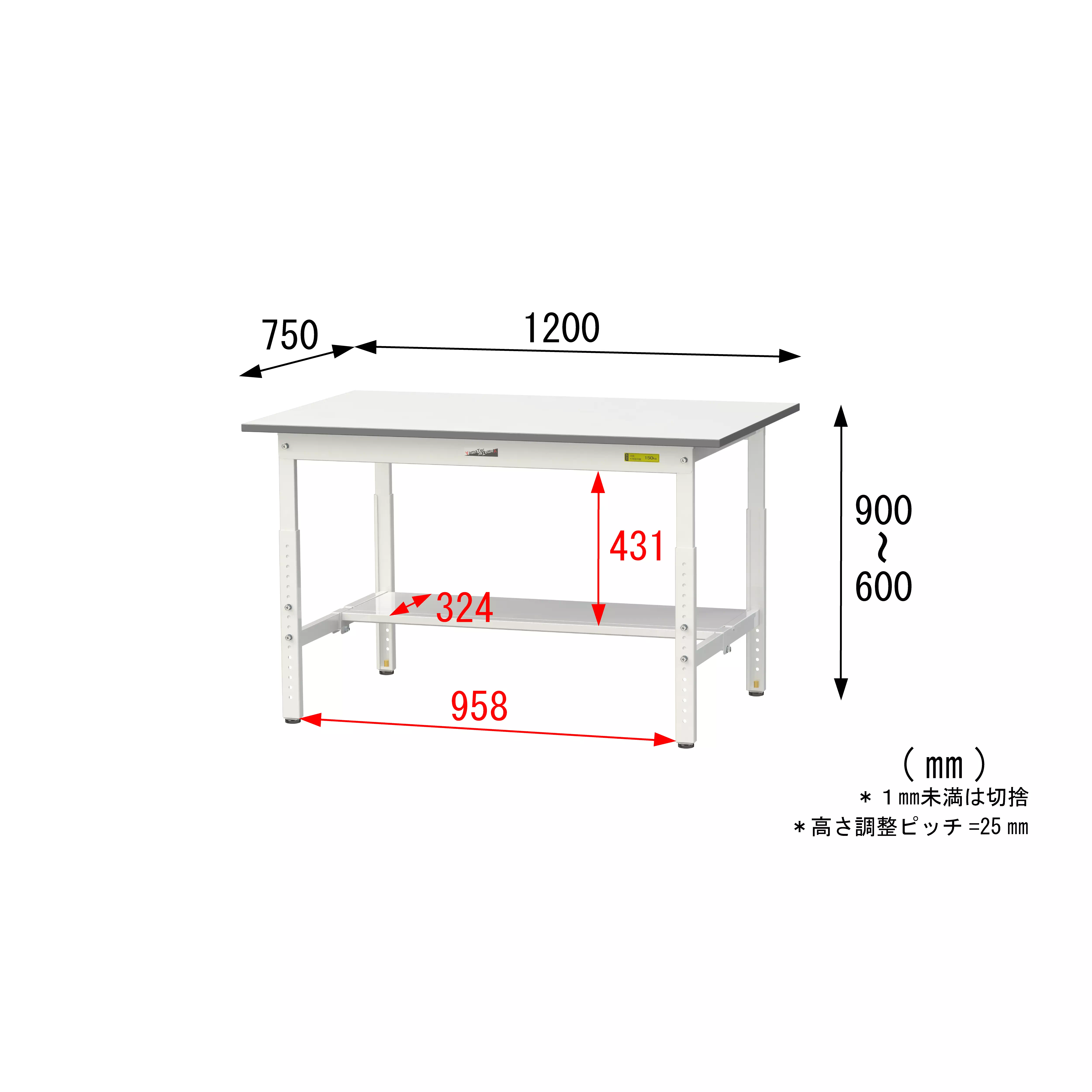 150シリーズ 高さ調整タイプ H600mm〜H900mm（半面棚板付）