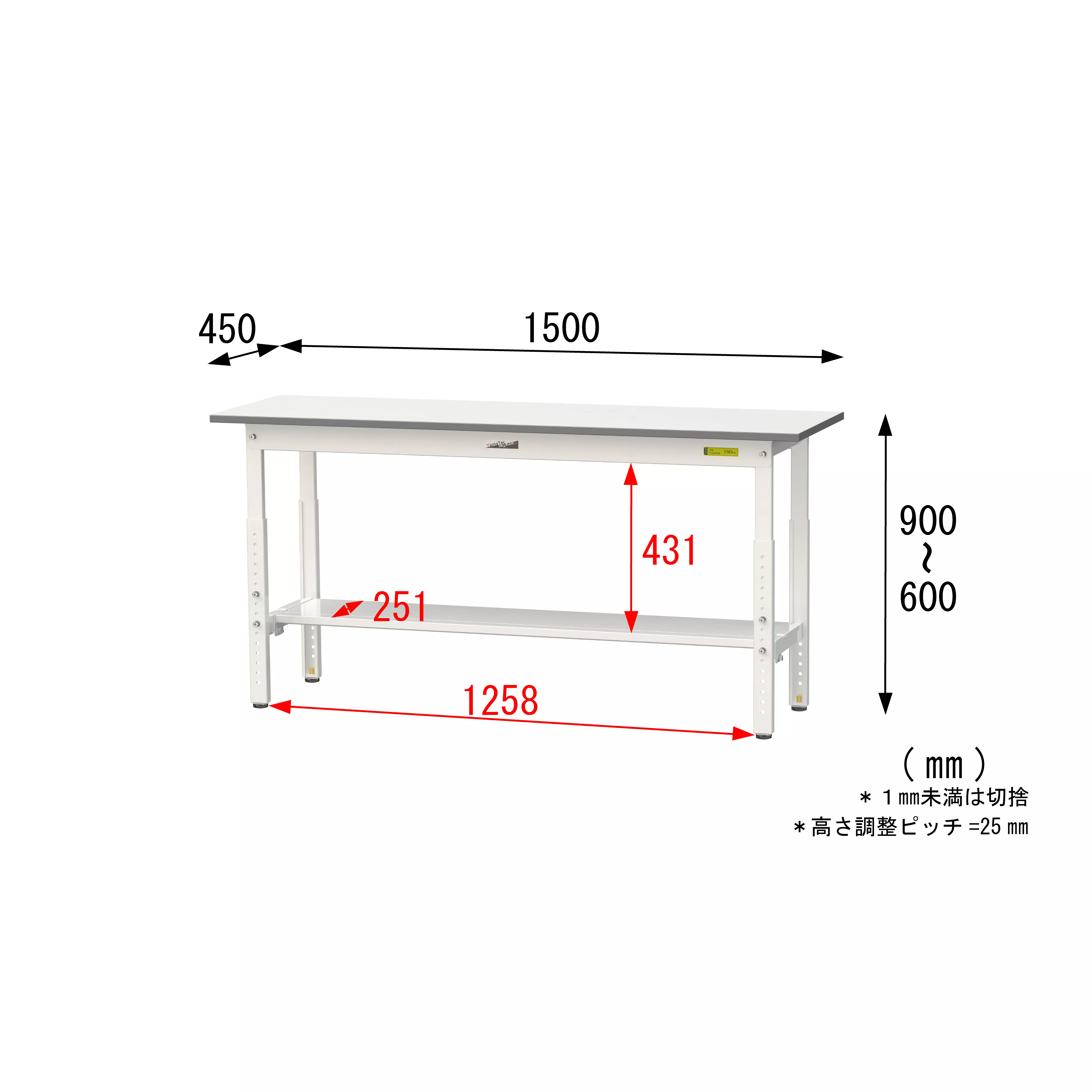 150シリーズ 高さ調整タイプ H600mm〜H900mm（半面棚板付）