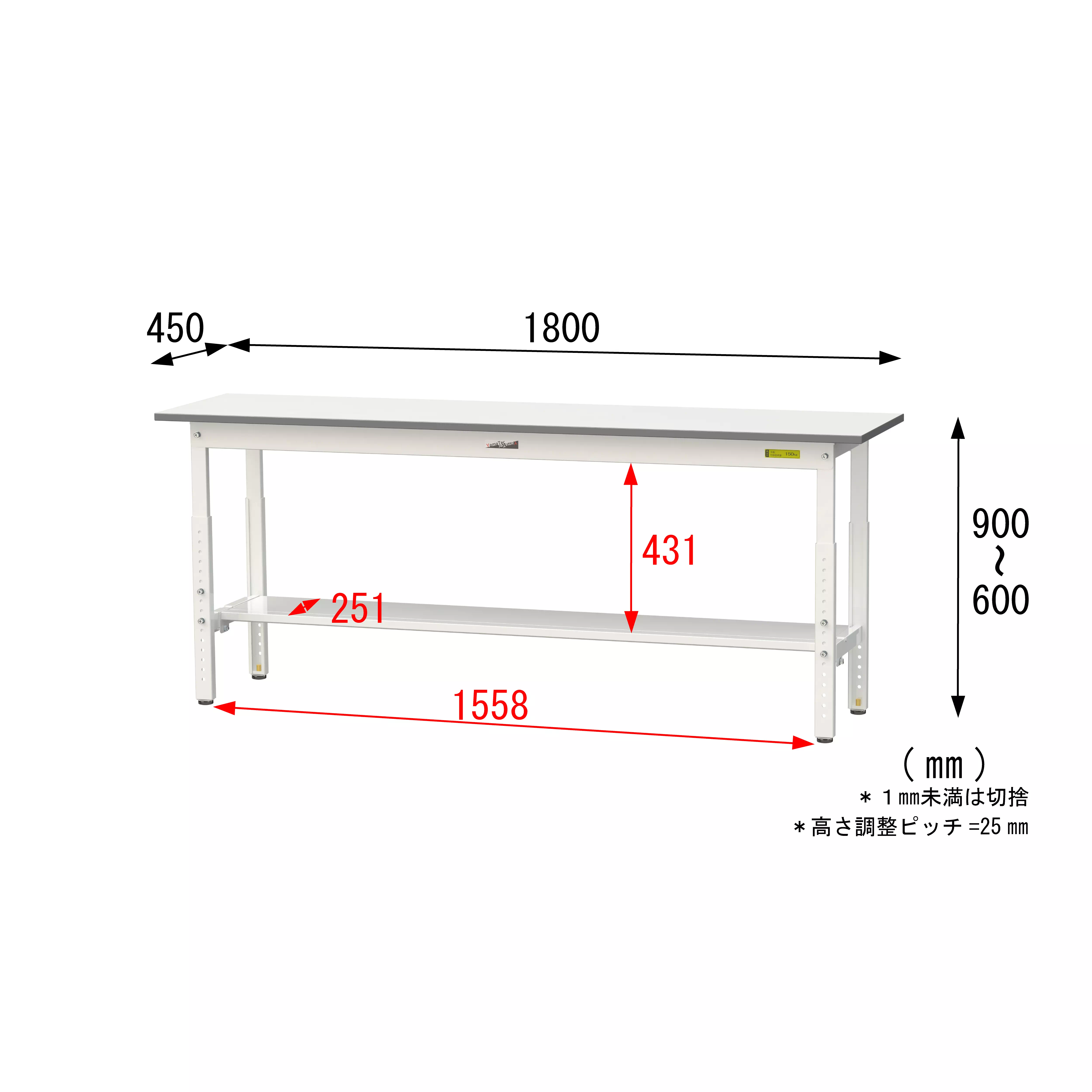 150シリーズ 高さ調整タイプ H600mm〜H900mm（半面棚板付）