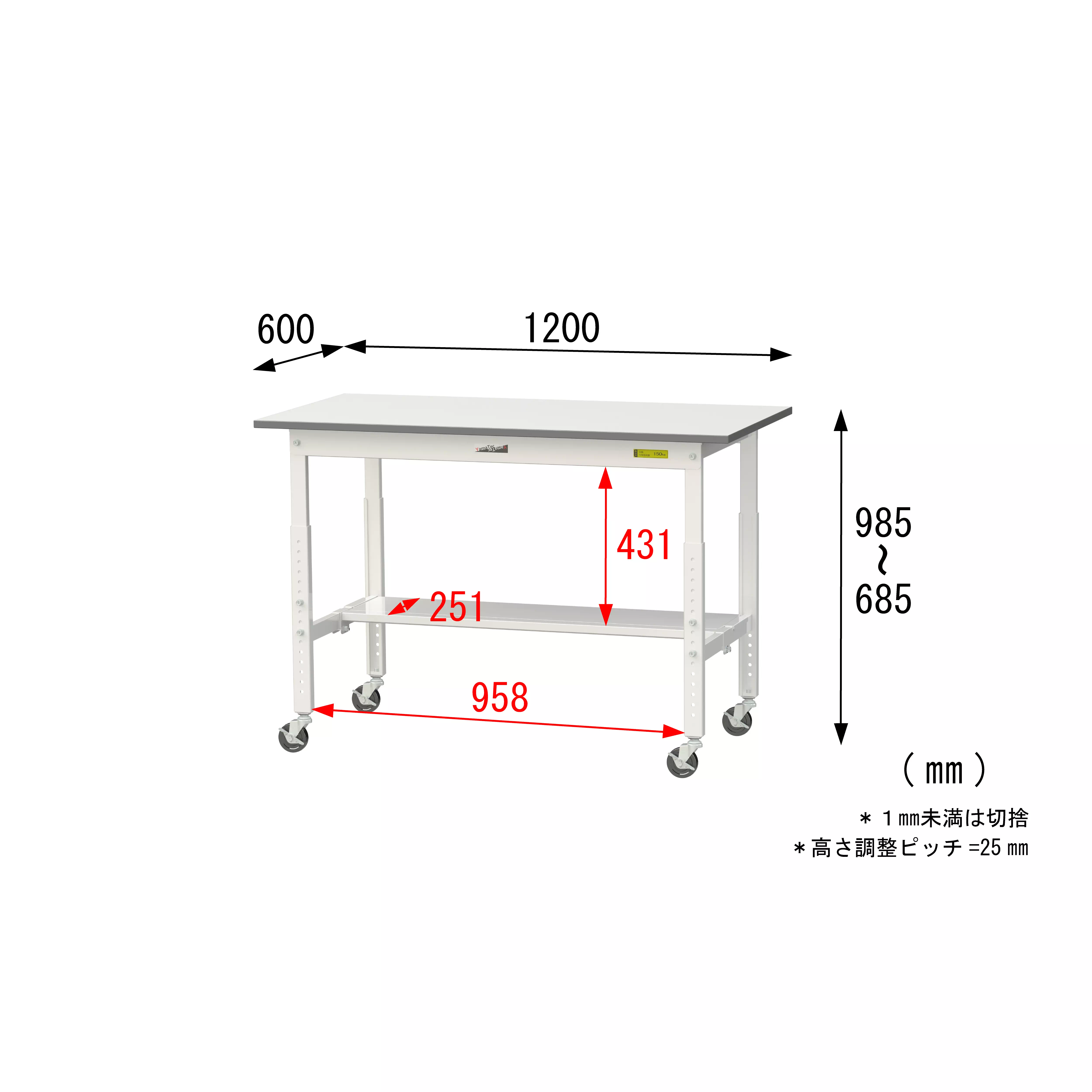 150シリーズ 高さ調整タイプ移動式 H685mm～H985mm（下段半面棚板）
