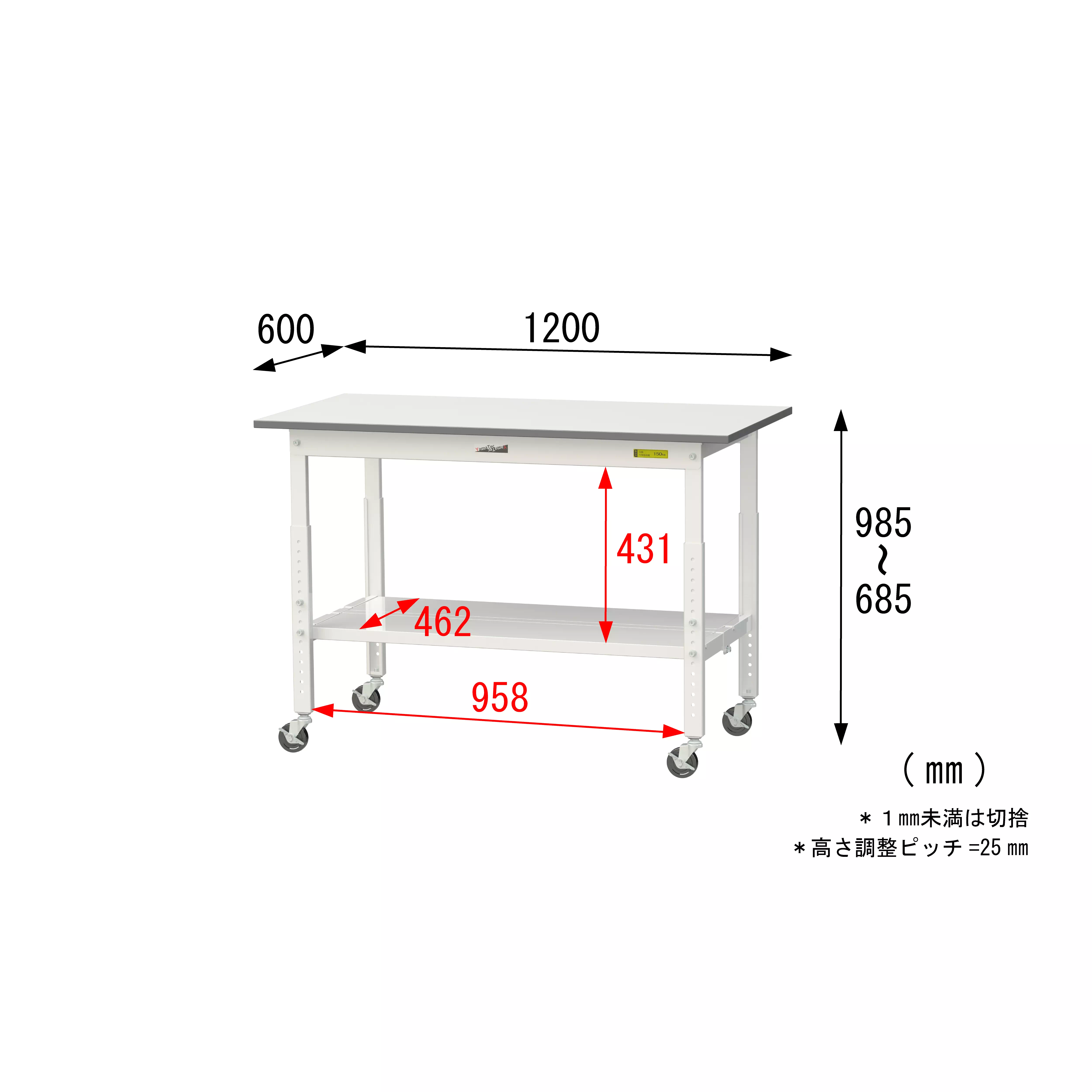 150シリーズ 高さ調整タイプ移動式 H685mm～H985mm（下段全面棚板）