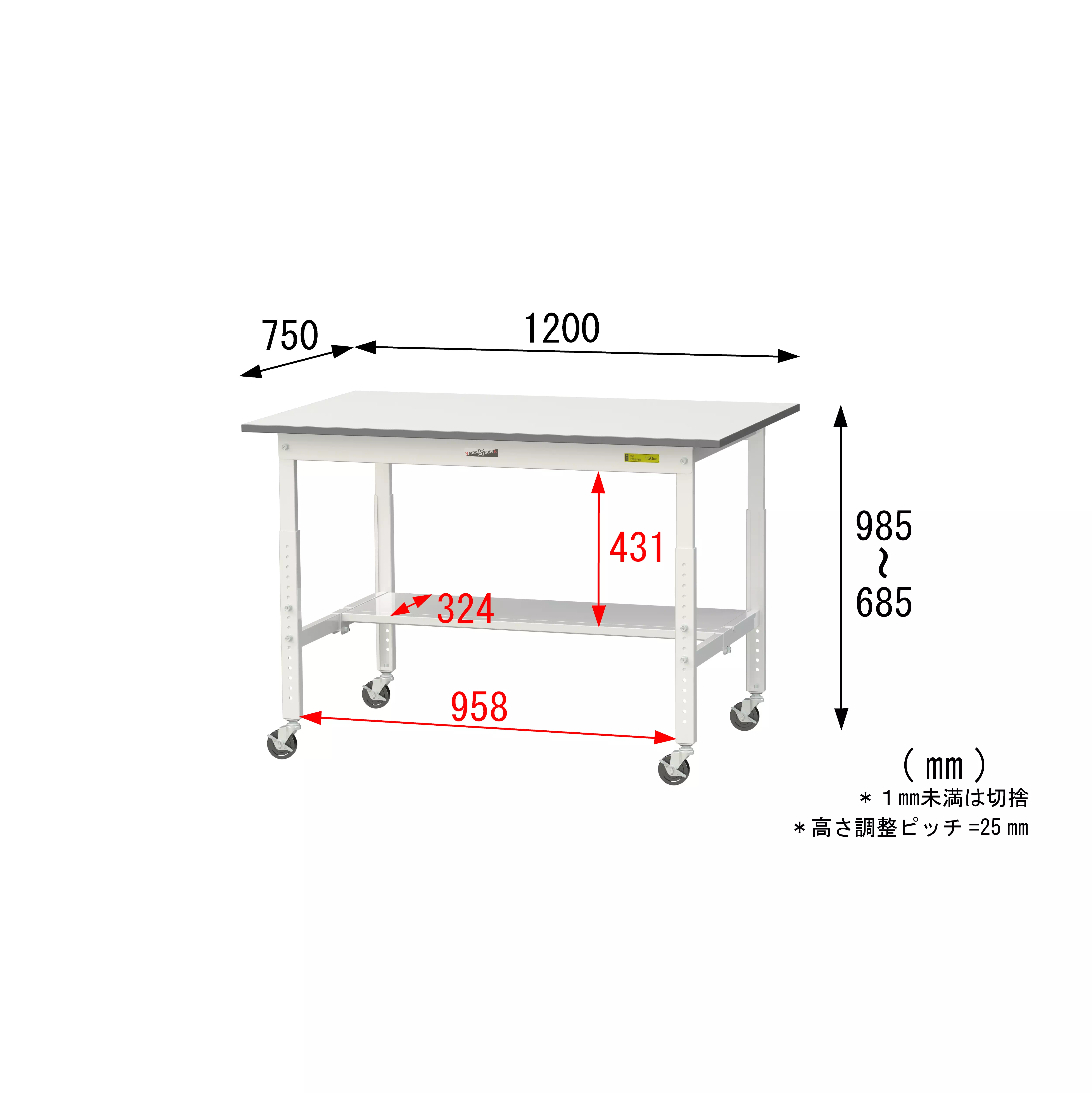 150シリーズ 高さ調整タイプ移動式 H685mm～H985mm（下段半面棚板）