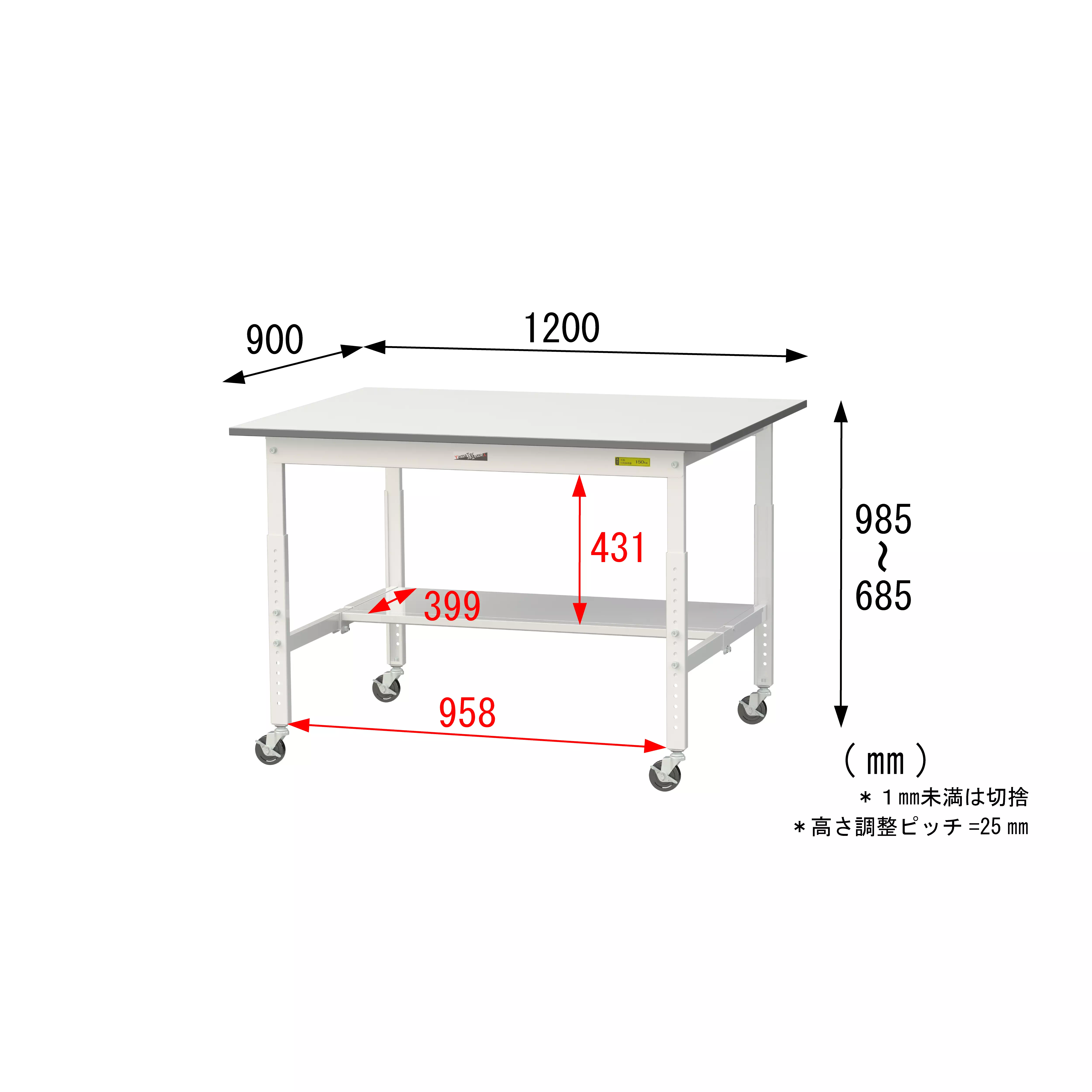150シリーズ 高さ調整タイプ移動式 H685mm～H985mm（下段半面棚板）