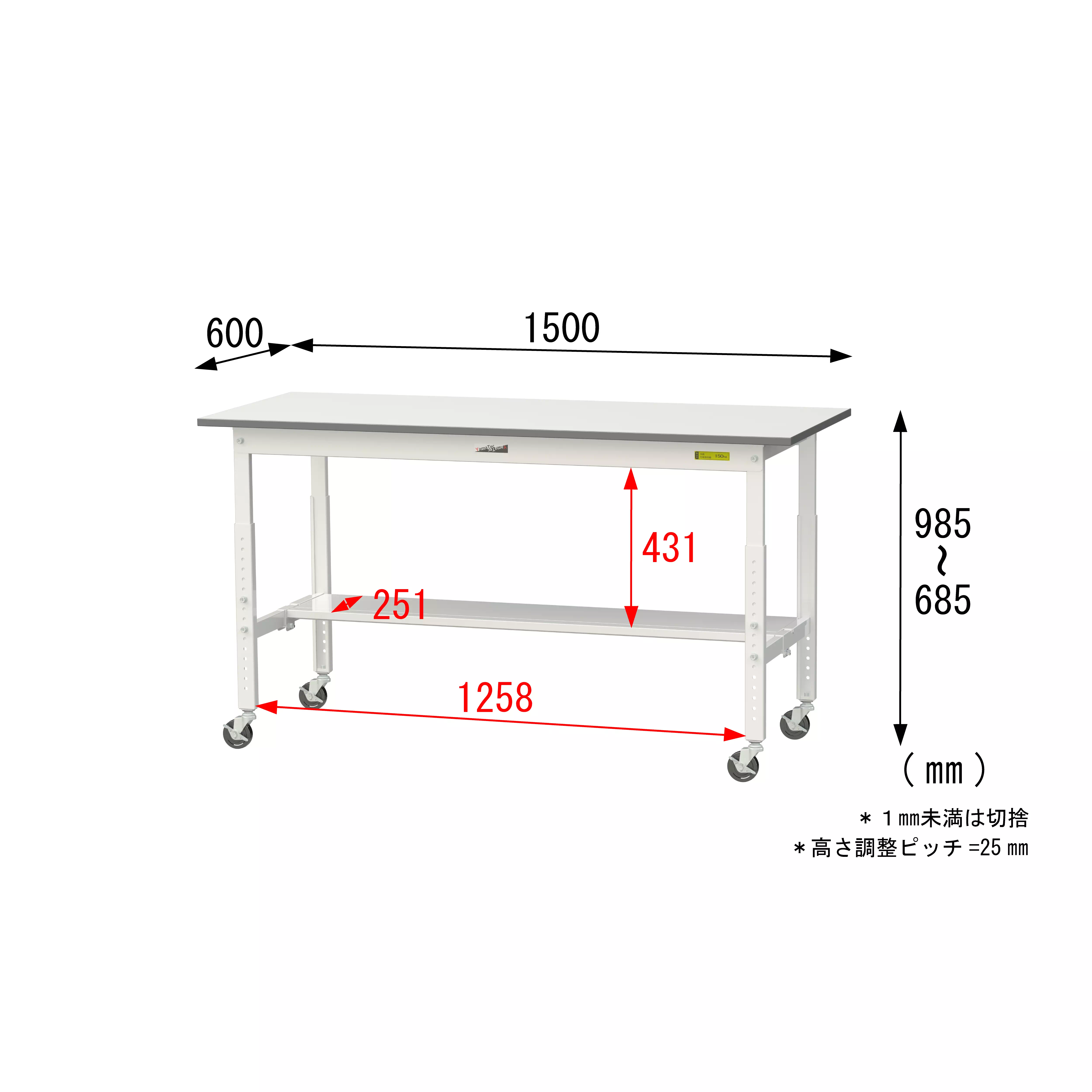 150シリーズ 高さ調整タイプ移動式 H685mm～H985mm（下段半面棚板）