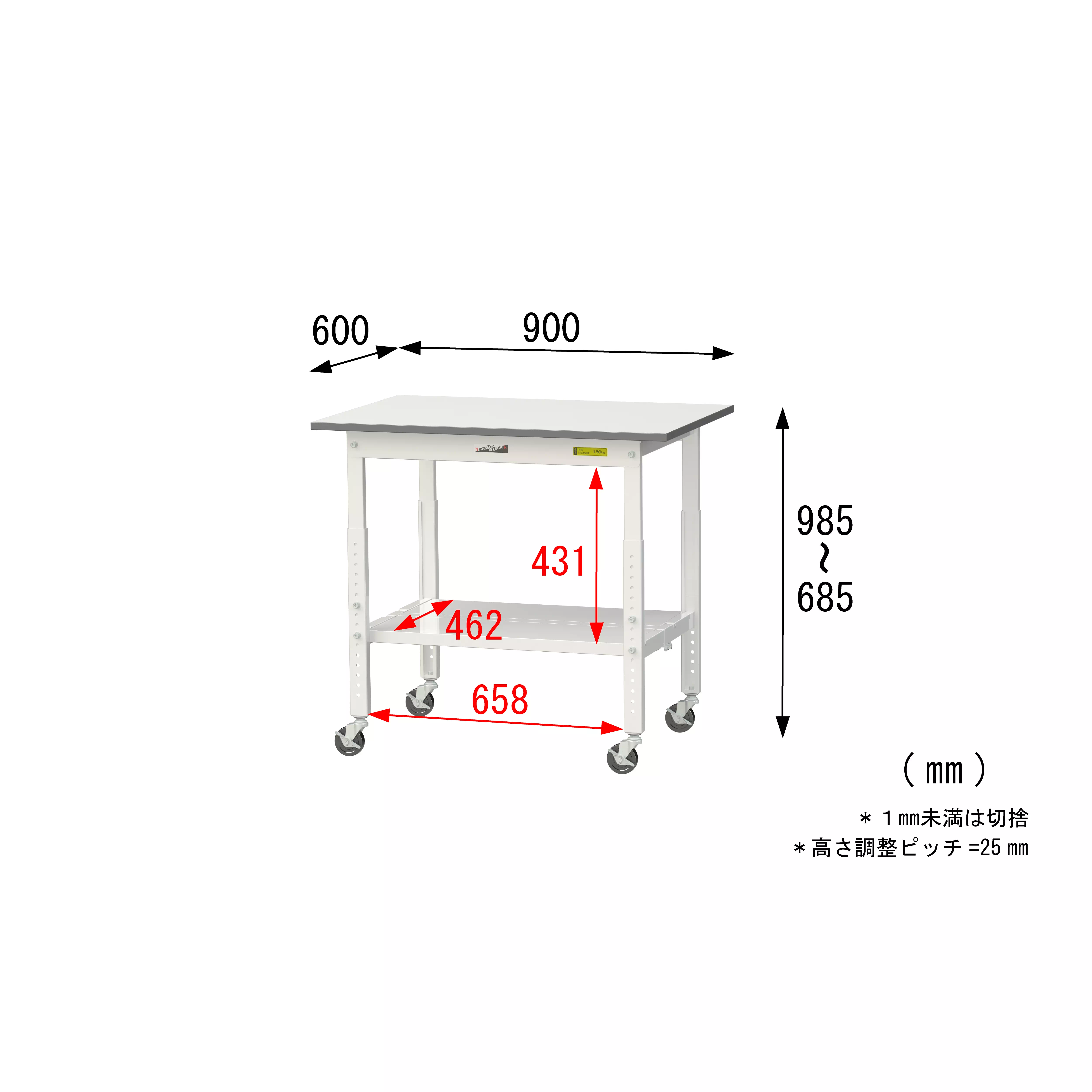 150シリーズ 高さ調整タイプ移動式 H685mm～H985mm（下段全面棚板）
