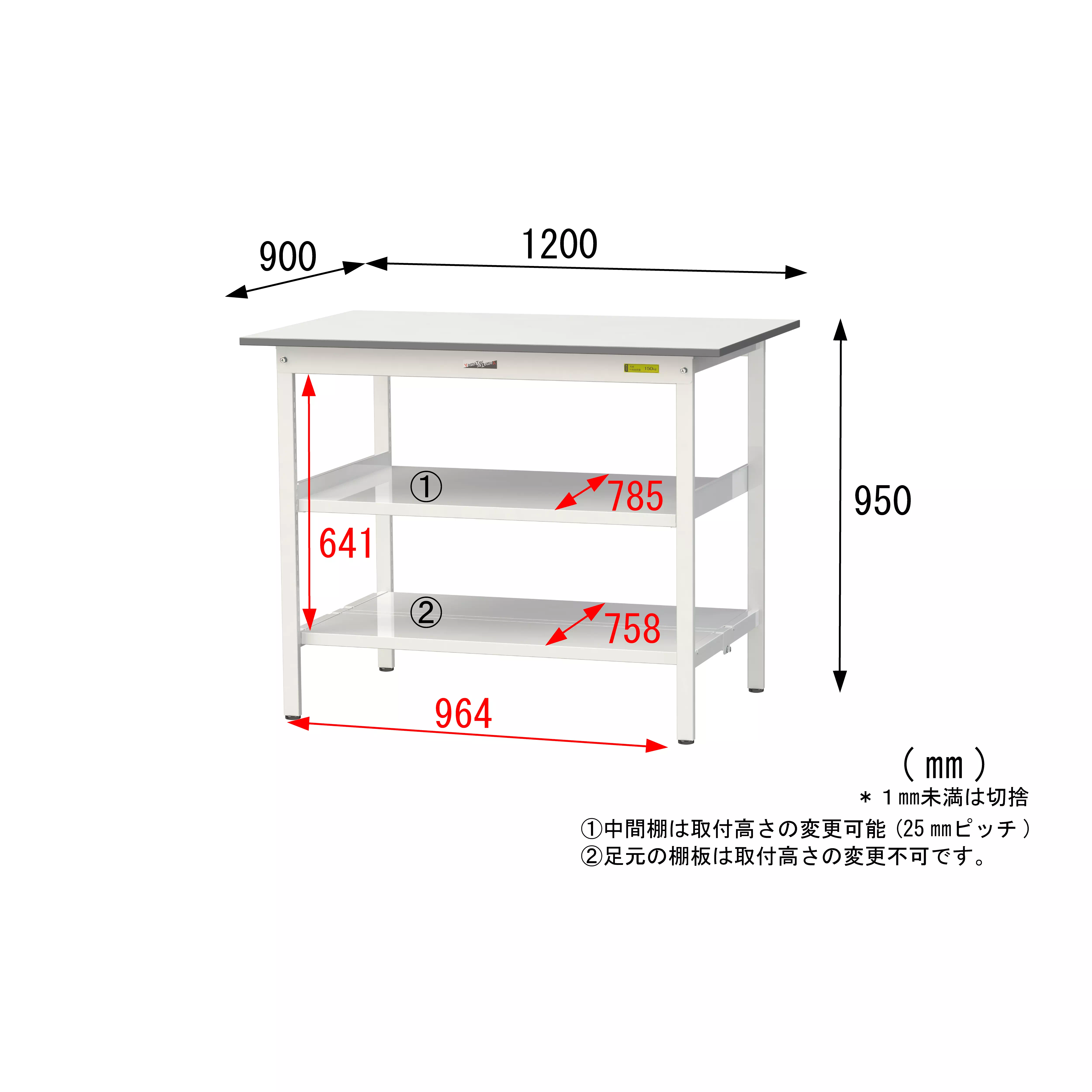 150シリーズ 固定式 中間棚付 H950mm（下段全面棚板）