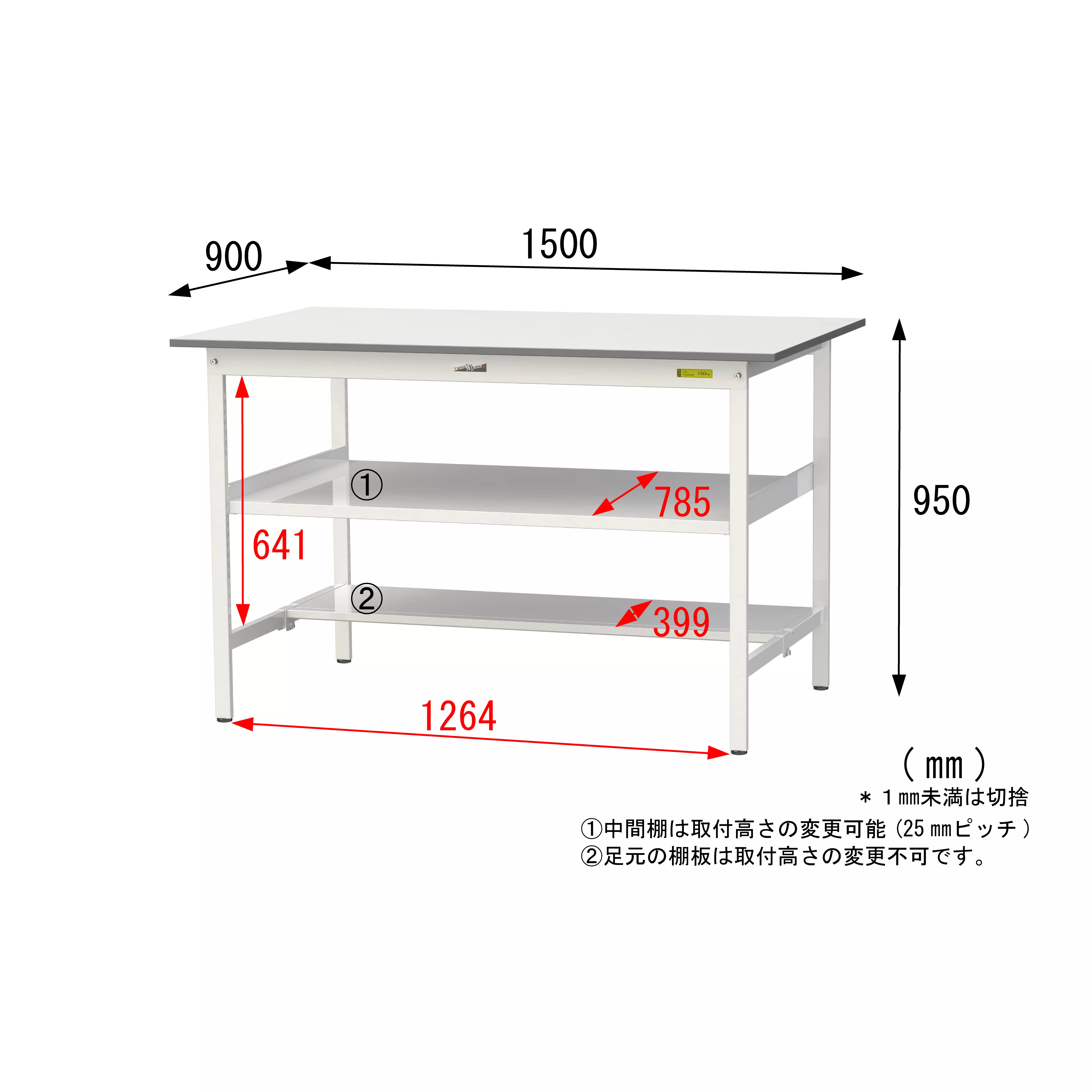 150シリーズ 固定式 中間棚付 H950mm(下段半面棚板)