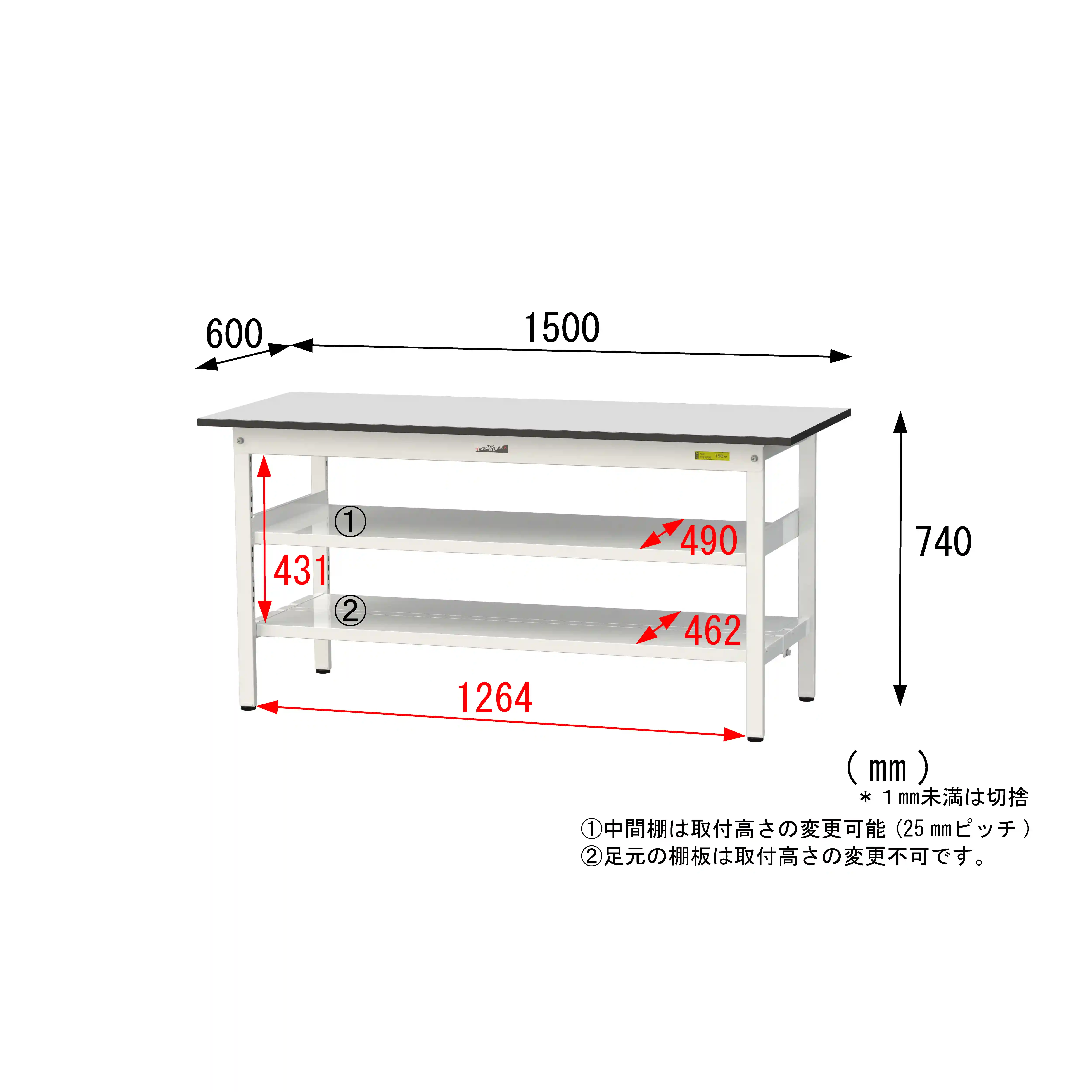 150シリーズ固定式 中間棚付 RoHS2指令対応塩ビシート天板仕様 H740mm（下段全面棚板）