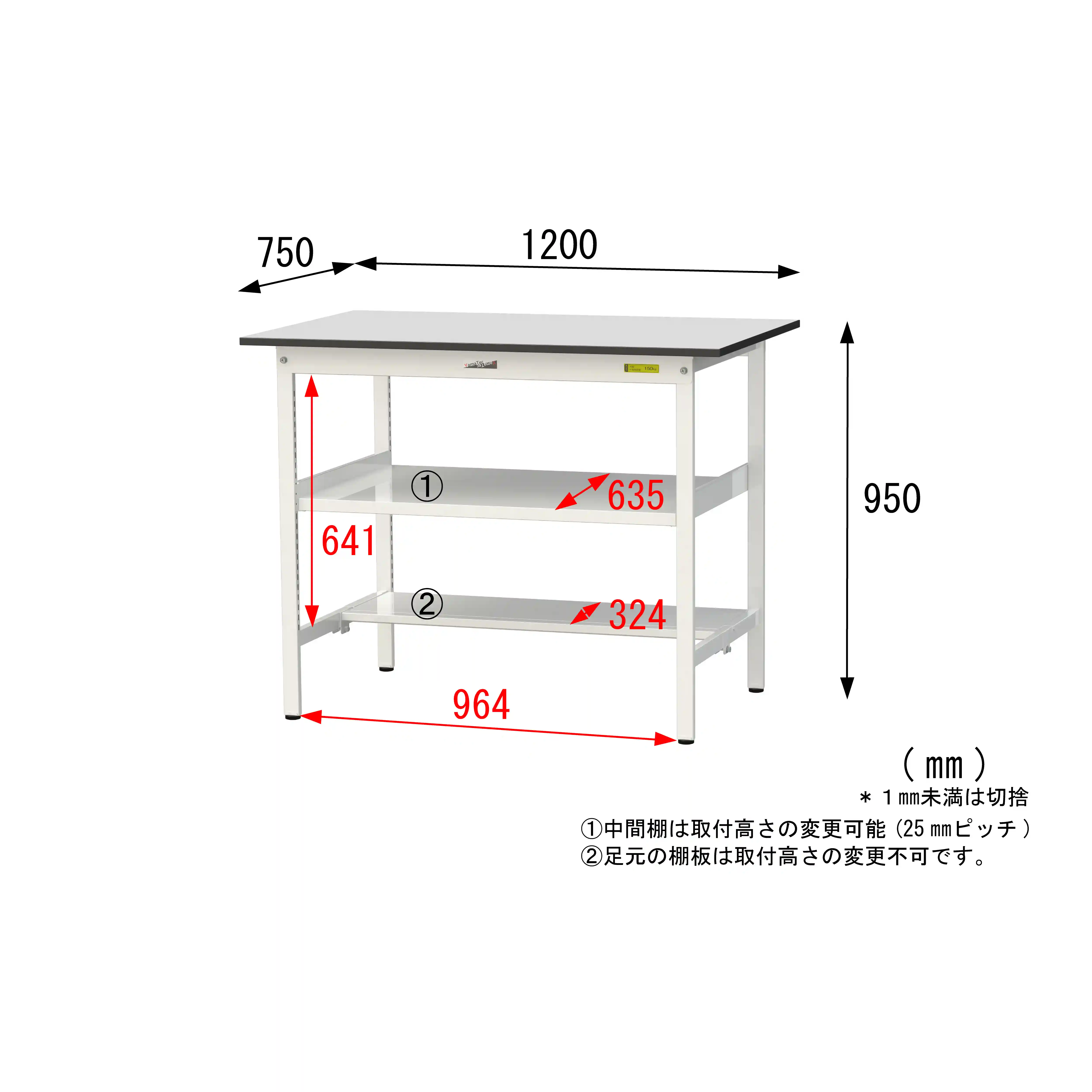 150シリーズ固定式 中間棚付 RoHS2指令対応塩ビシート天板仕様 H950mm(下段半面棚板)