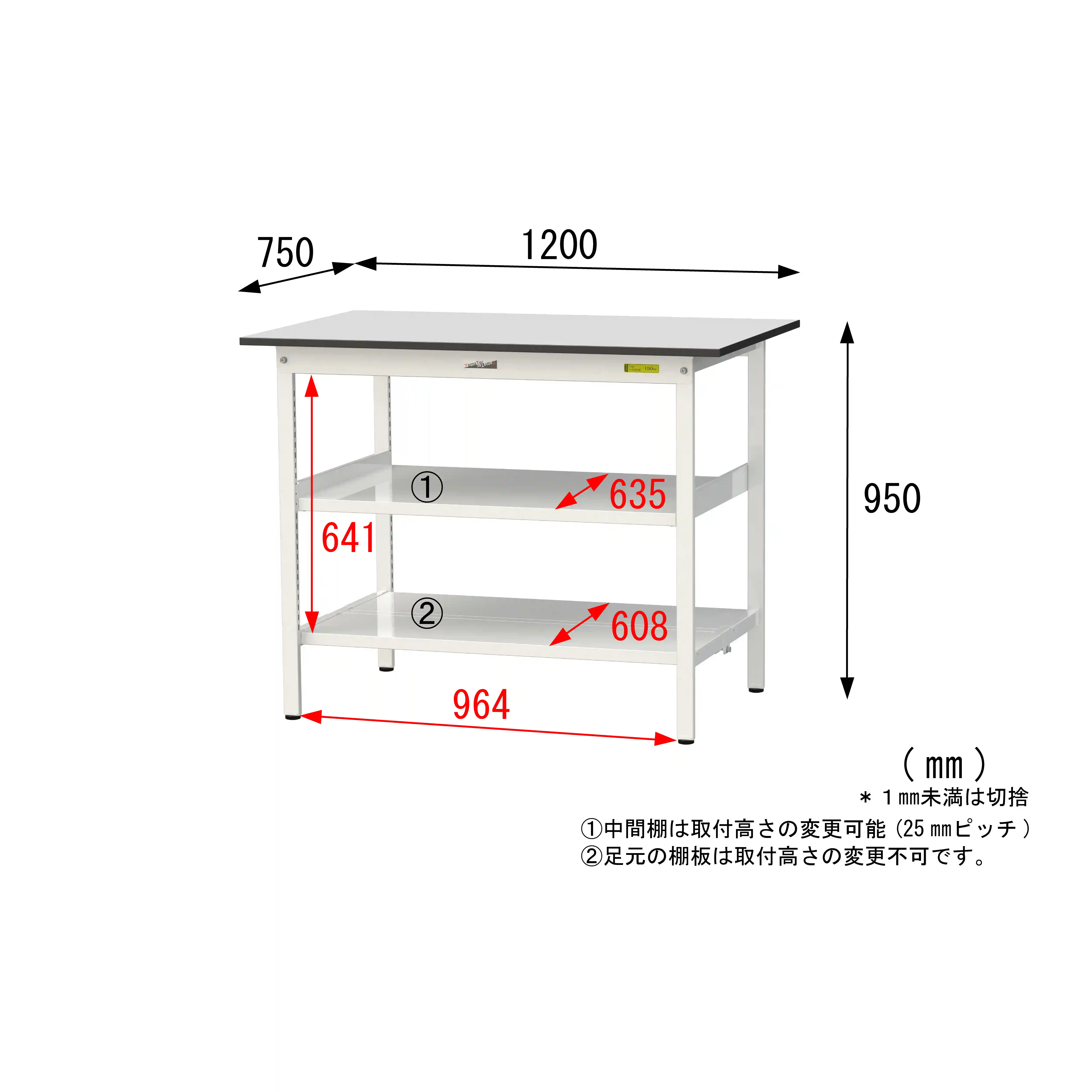 150シリーズ固定式 中間棚付 RoHS2指令対応塩ビシート天板仕様 H950mm(下段全面棚板)