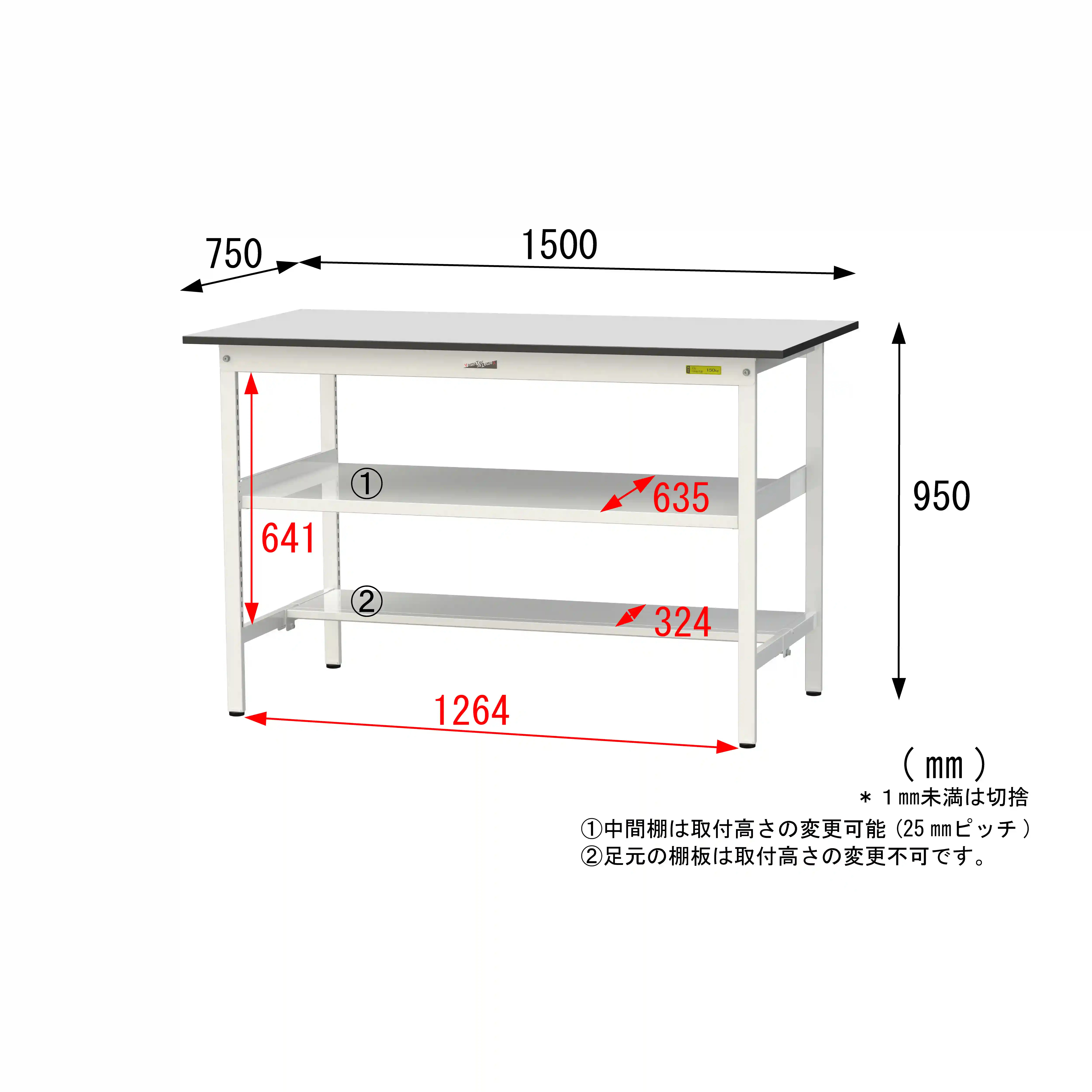 150シリーズ固定式 中間棚付 RoHS2指令対応塩ビシート天板仕様 H950mm(下段半面棚板)