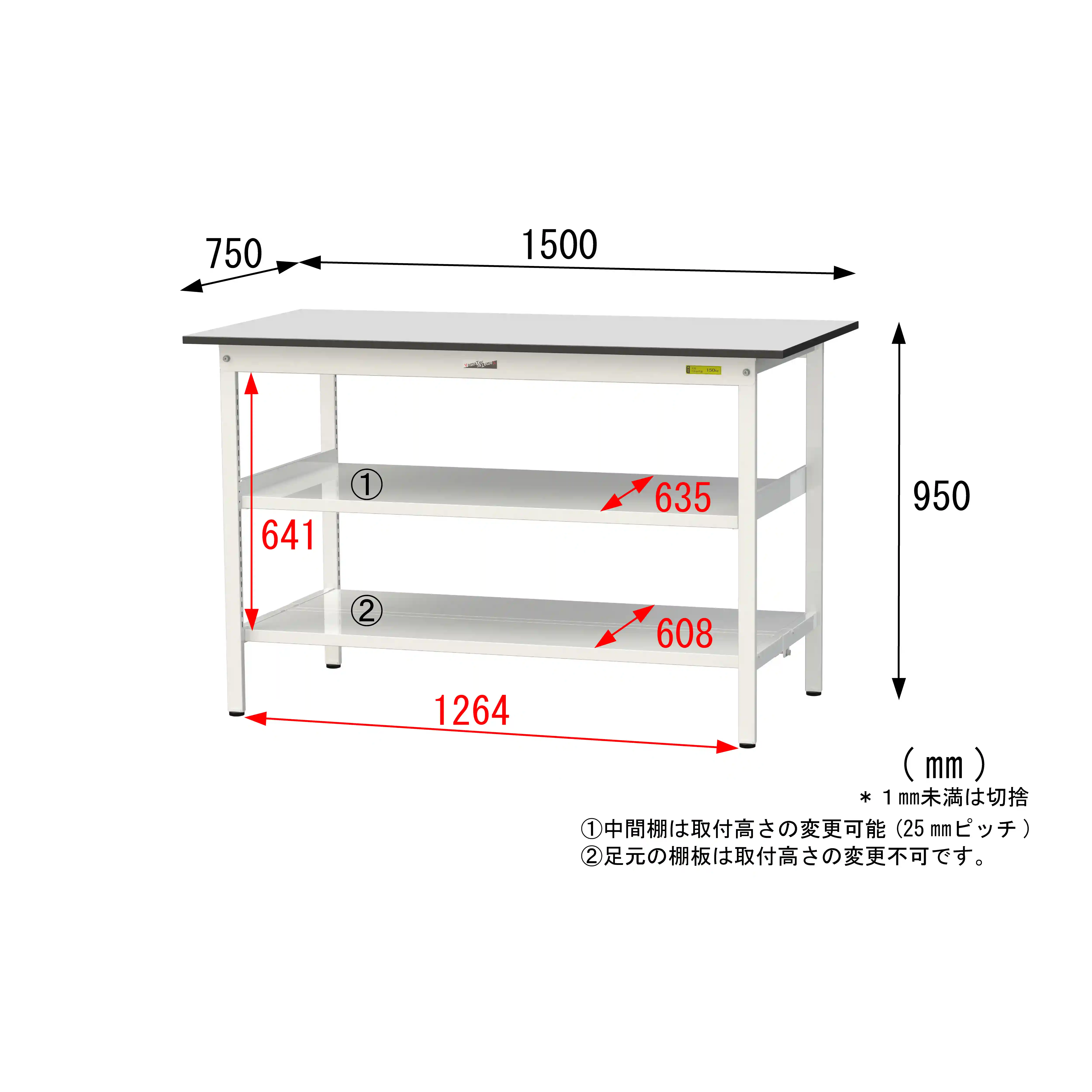 150シリーズ固定式 中間棚付 RoHS2指令対応塩ビシート天板仕様 H950mm(下段全面棚板)
