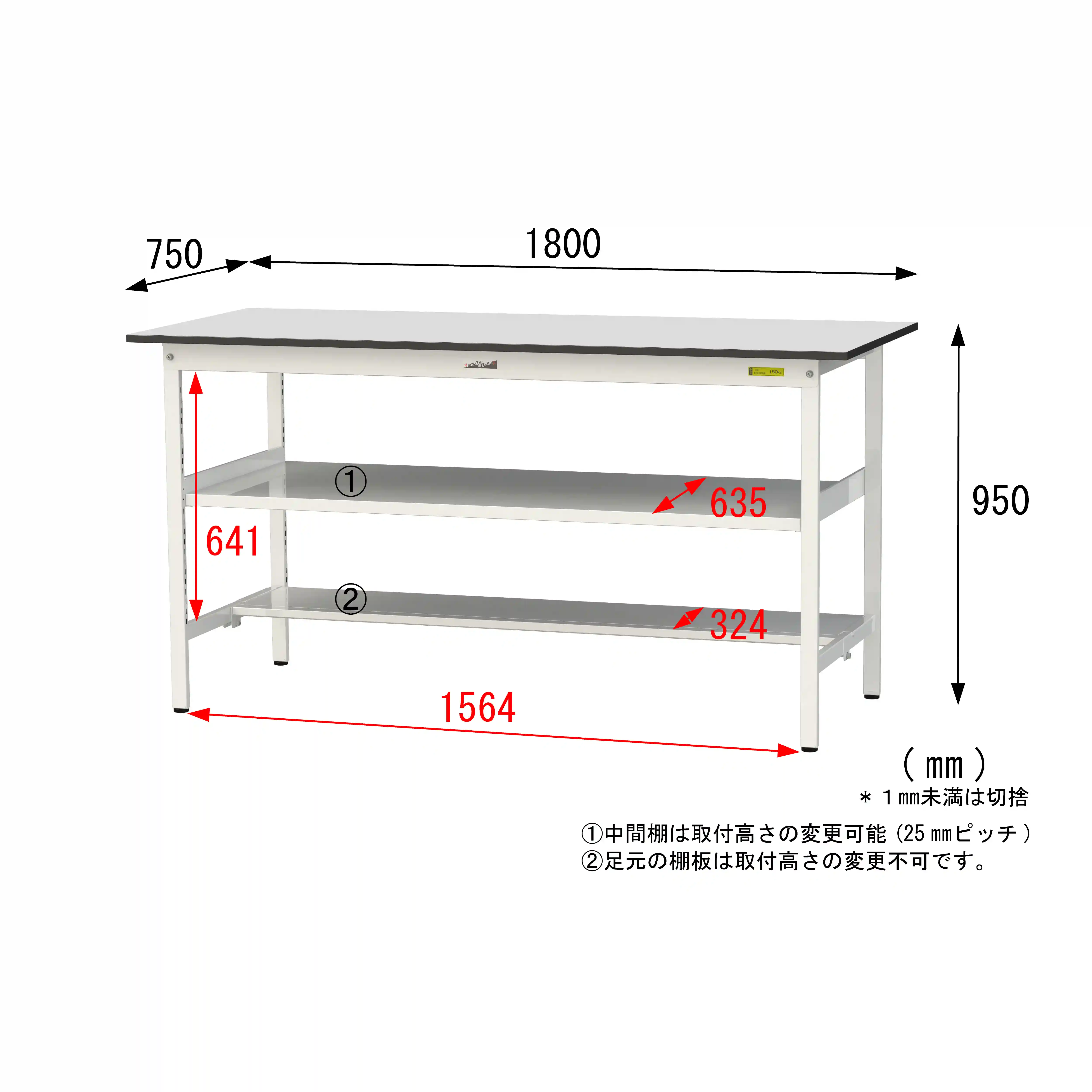 150シリーズ固定式 中間棚付 RoHS2指令対応塩ビシート天板仕様 H950mm(下段半面棚板)