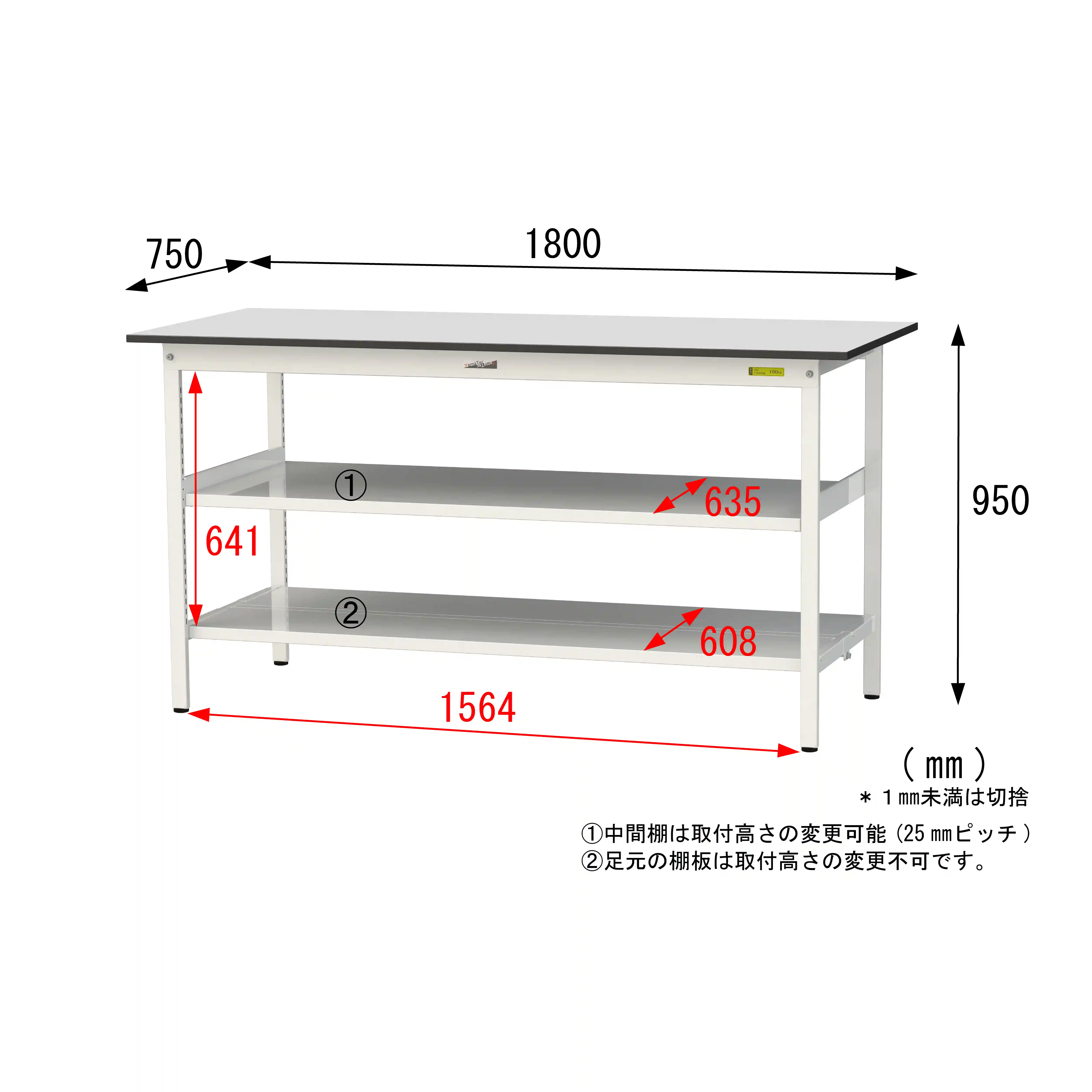 150シリーズ固定式 中間棚付 RoHS2指令対応塩ビシート天板仕様 H950mm(下段全面棚板)