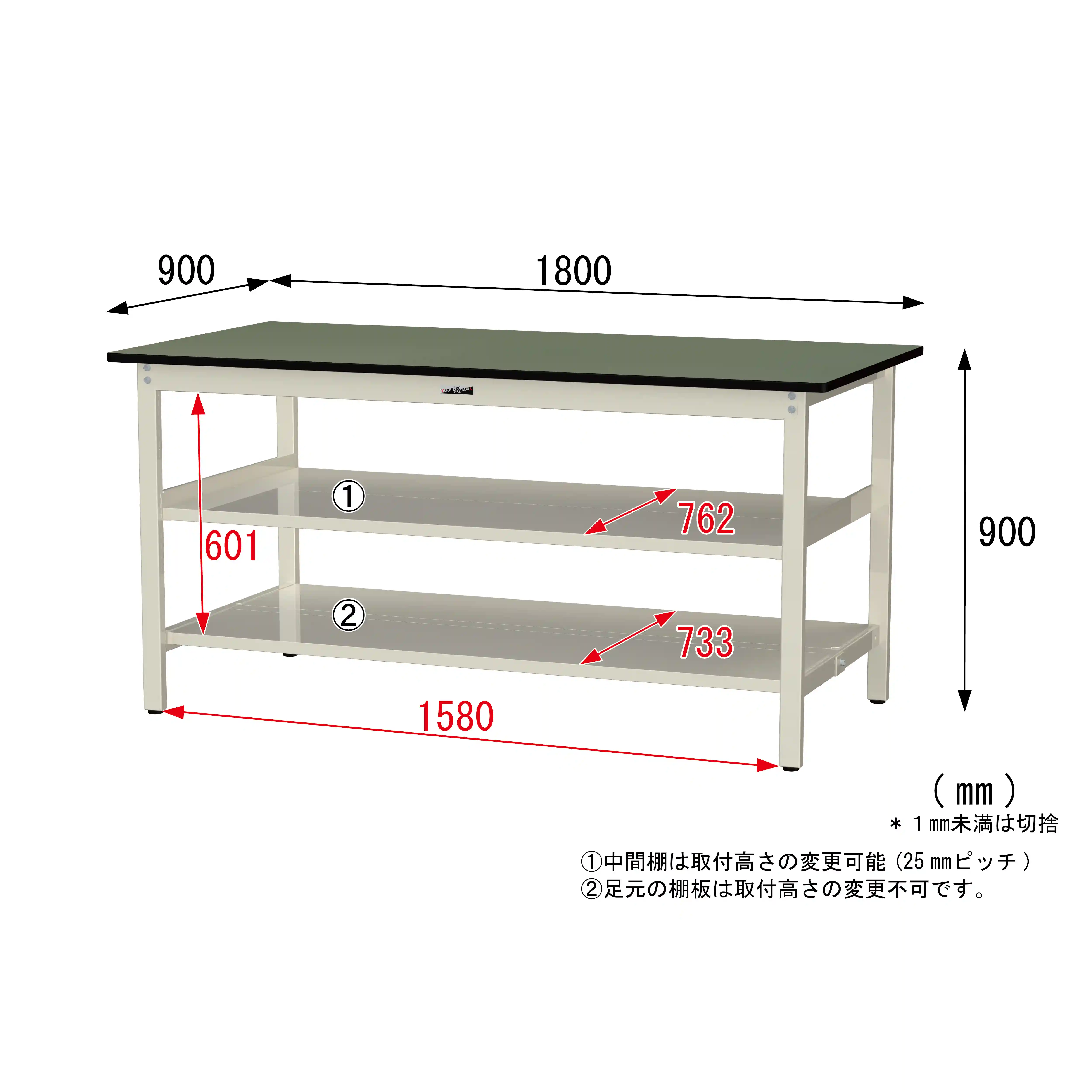 300シリーズ 固定式 中間棚付 H900mm(上下段全面棚板)