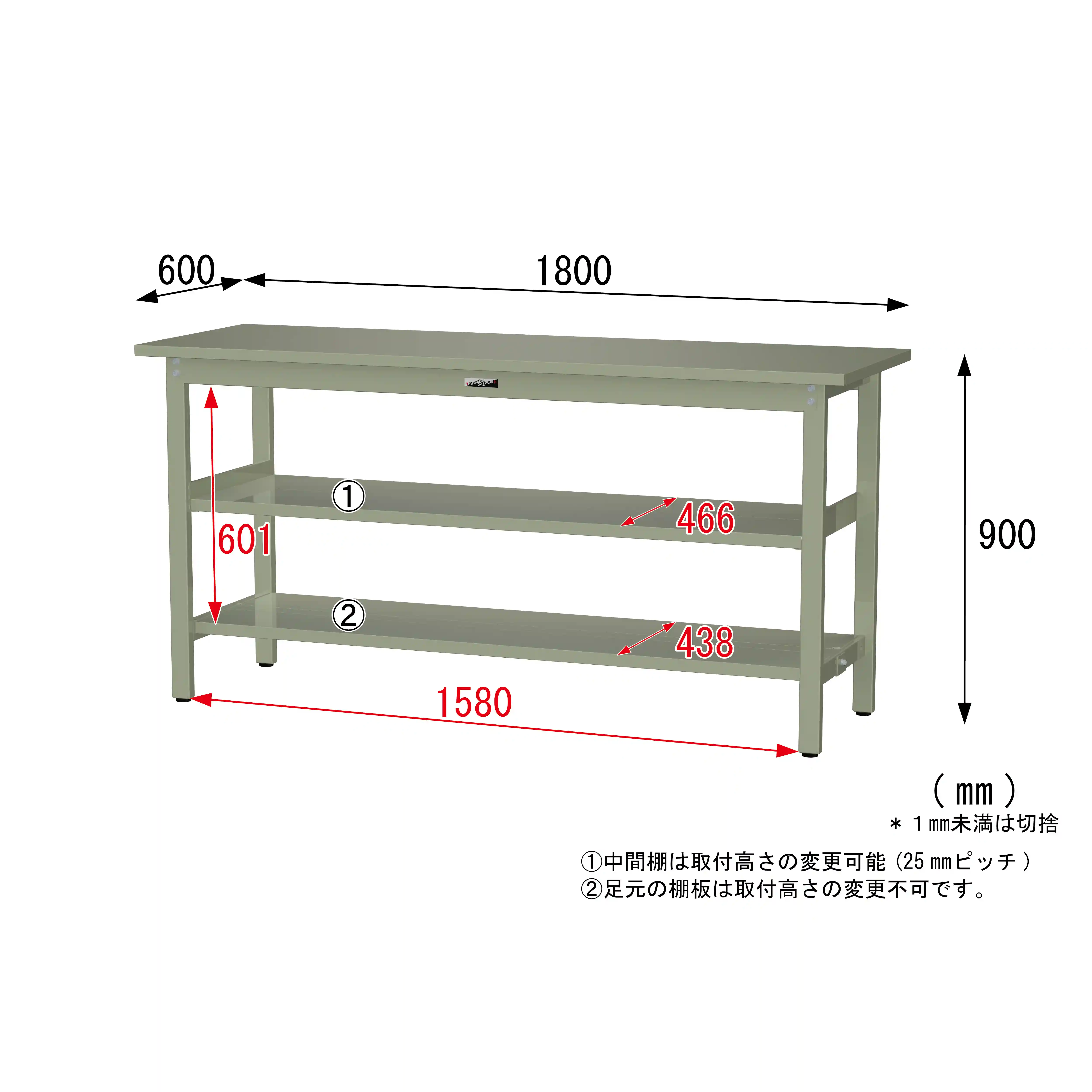 300シリーズ 固定式 中間棚付 H900mm(上下段全面棚板)