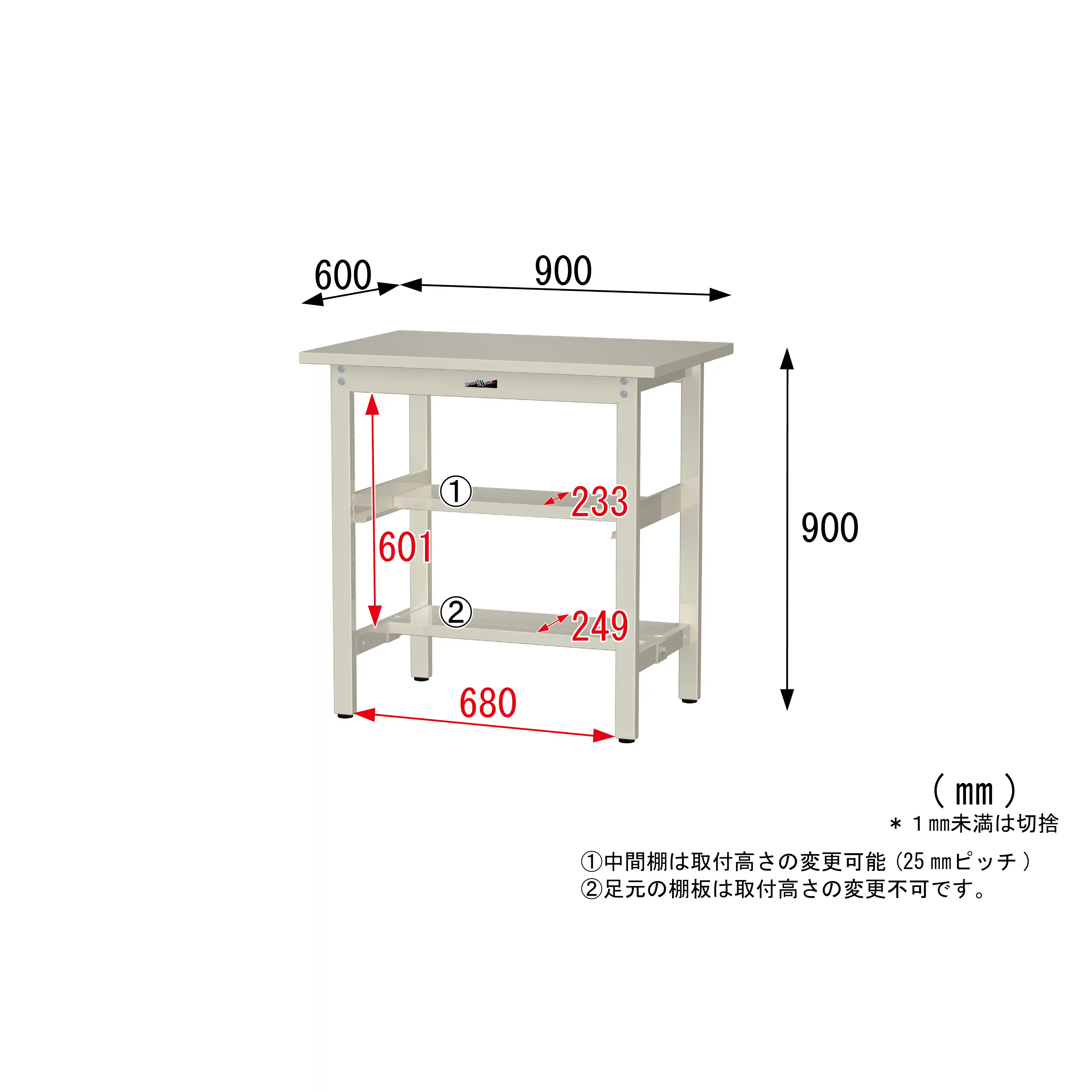 300シリーズ 固定式 中間棚付 H900mm(上下段半面棚板)