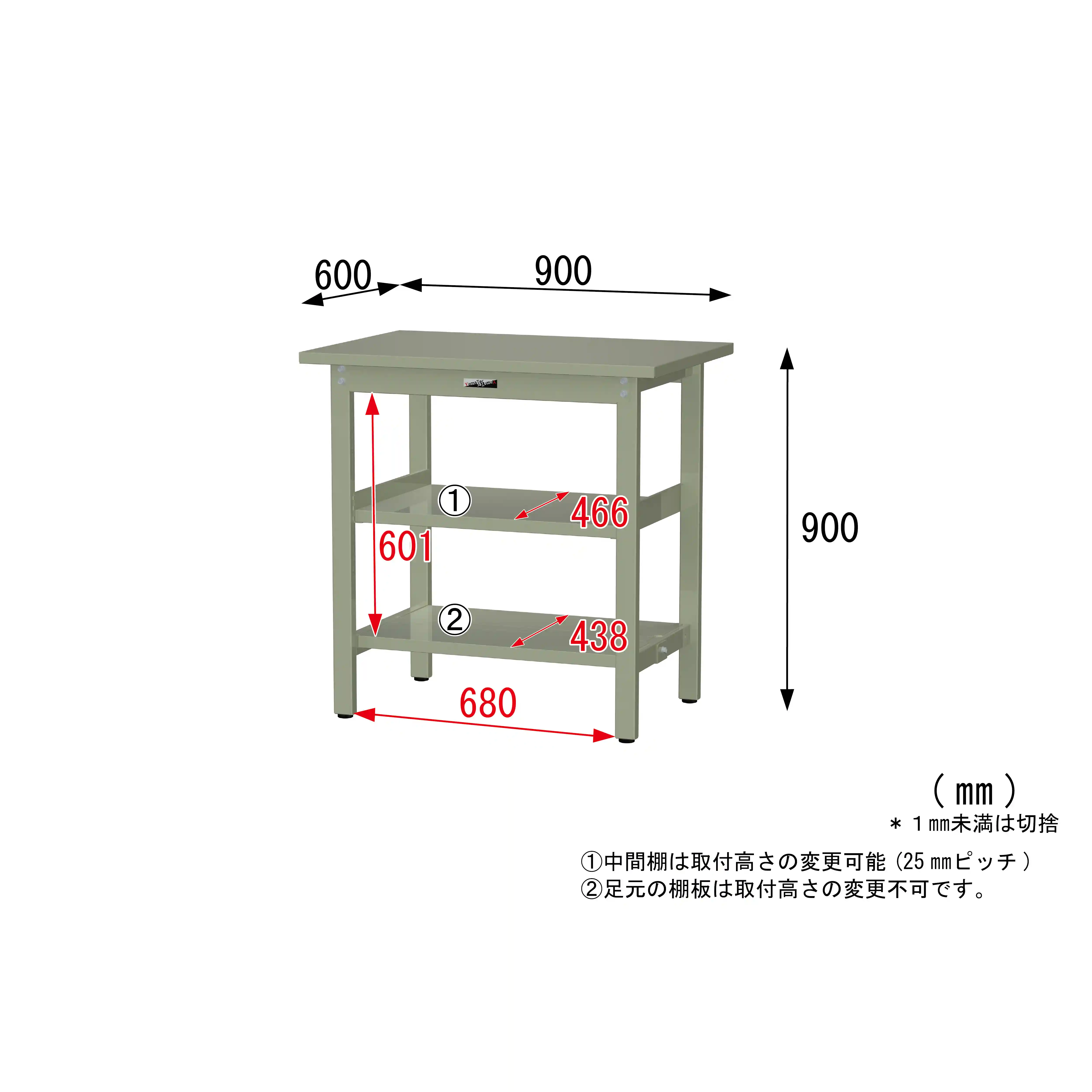 300シリーズ 固定式 中間棚付 H900mm（上下段全面棚板）